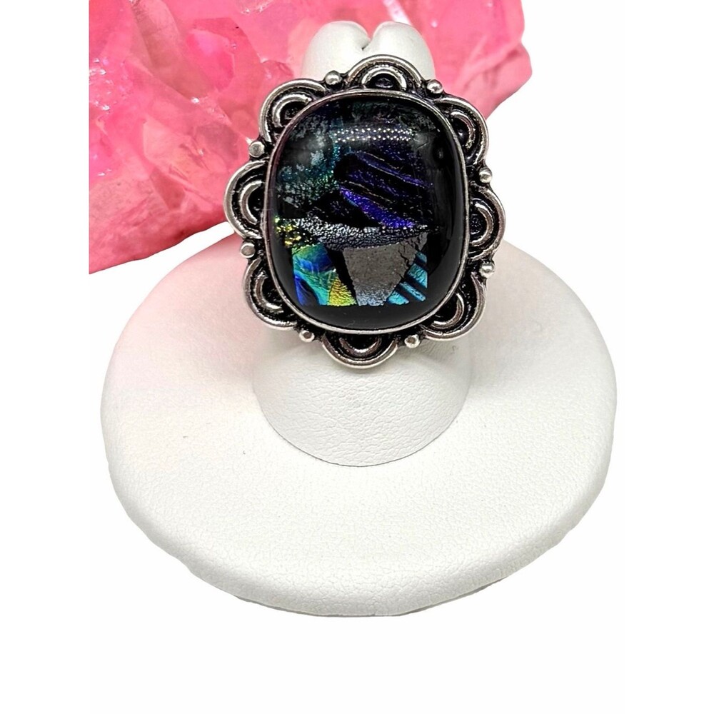 Dichroic Glass Ring Size 8 925 Sterling Silver Overlay Blue Purple Black